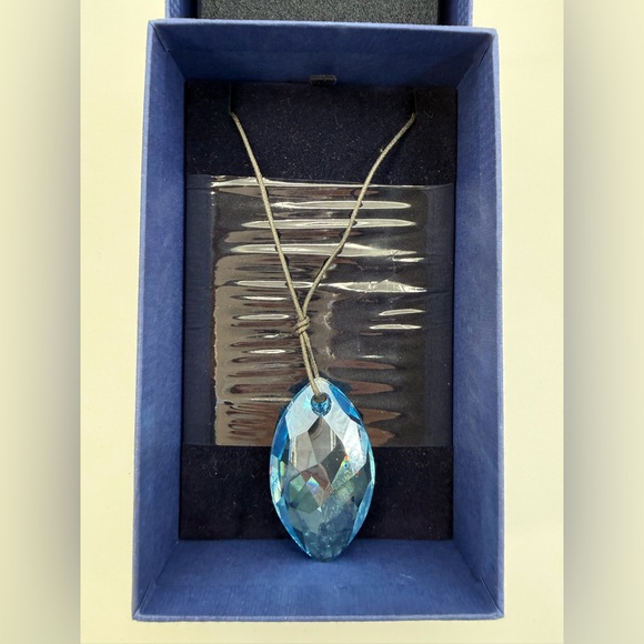 SWAROVSKI Aqua Scuro Crystal Teardrop Pendant Necklace On Black Cord-5083475 - Picture 5 of 10